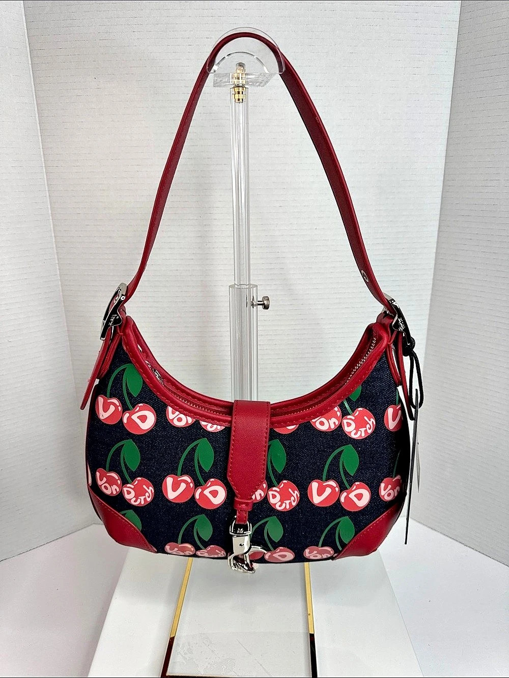 Von Dutch Cherry Denim Shoulder Bag in Black & Red NWT